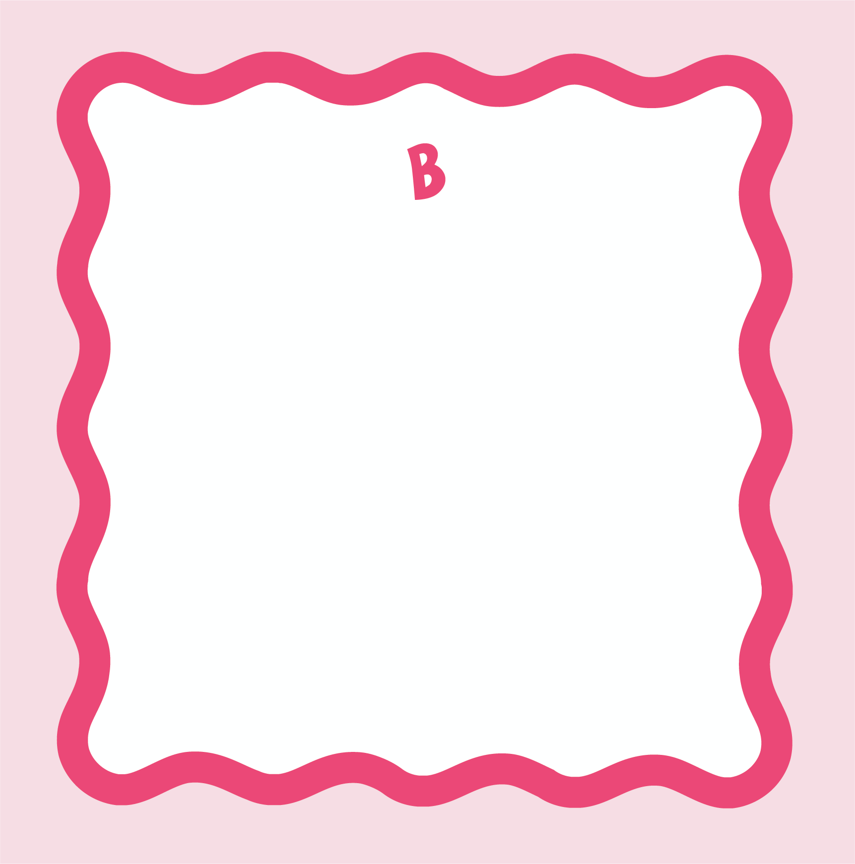 Square notepad with a wavy hot pink scallop border on a blush background, personalized with the single-initial monogram "B" in hot pink at the top center.