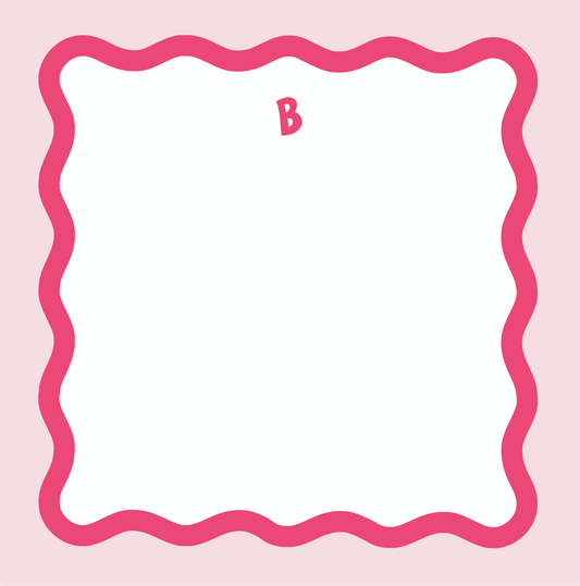 Square notepad with a wavy hot pink scallop border on a blush background, personalized with the single-initial monogram "B" in hot pink at the top center.