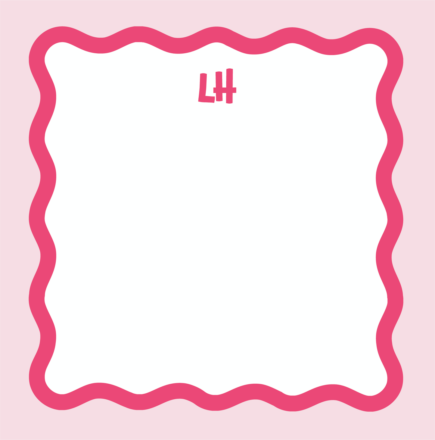 Square notepad with a wavy hot pink scallop border on a blush background, personalized with the two-initial monogram "LH" in hot pink at the top center.