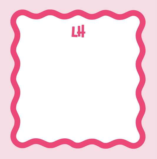 Square notepad with a wavy hot pink scallop border on a blush background, personalized with the two-initial monogram "LH" in hot pink at the top center.