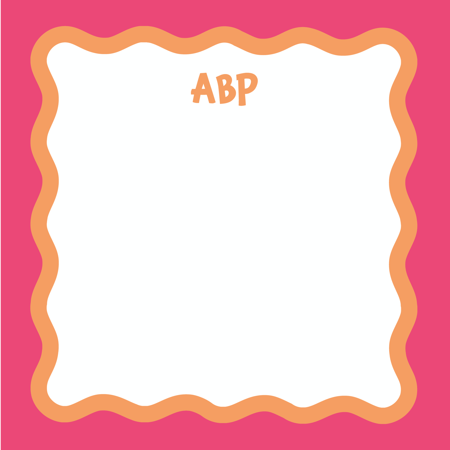 Square notepad with a wavy orange scallop border on a hot pink background, personalized with the three-initial monogram "ABP" in orange at the top center.