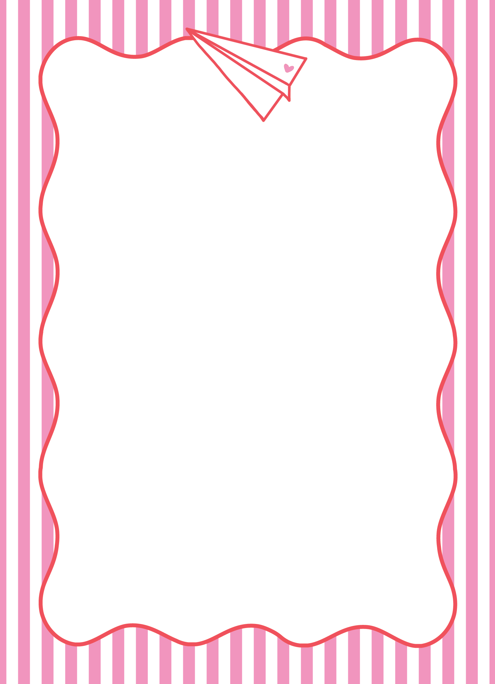 Rectangular notepad with a pink and white vertical stripe background, hot pink wavy scallop border, and a paper plane illustration with a small heart detail in the upper right corner.