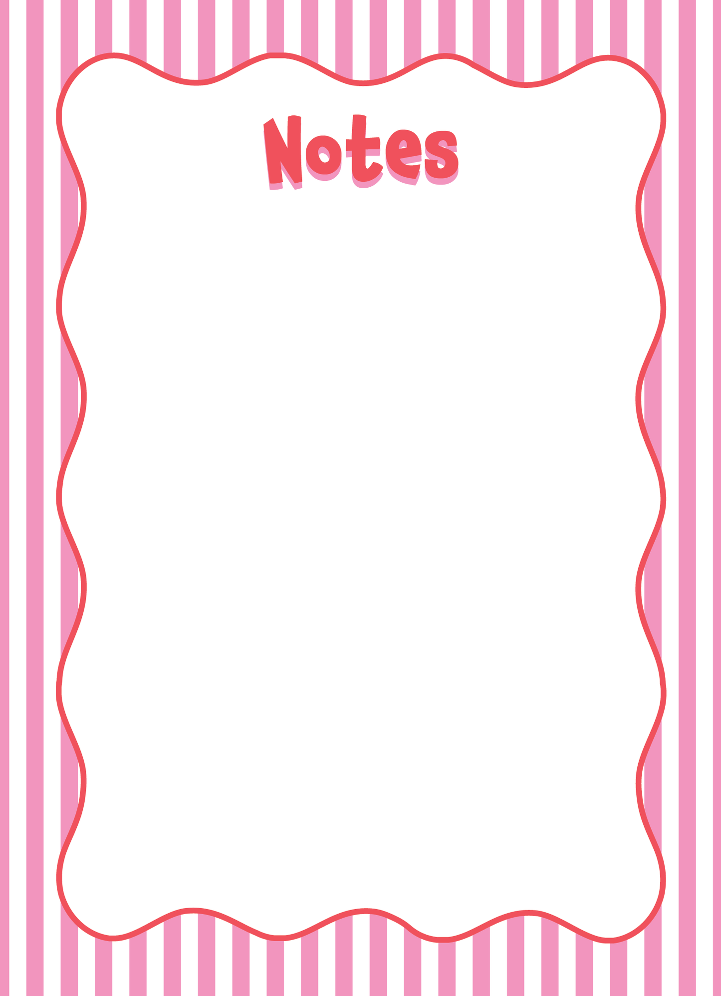 Vertical notepad with a pink and white stripe background, red scallop border, and "Notes" printed in red at the top center.