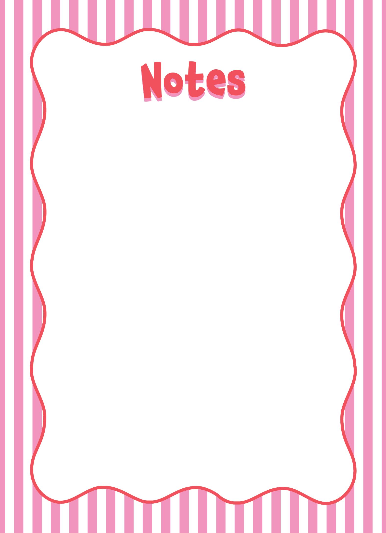Vertical notepad with a pink and white stripe background, red scallop border, and "Notes" printed in red at the top center.