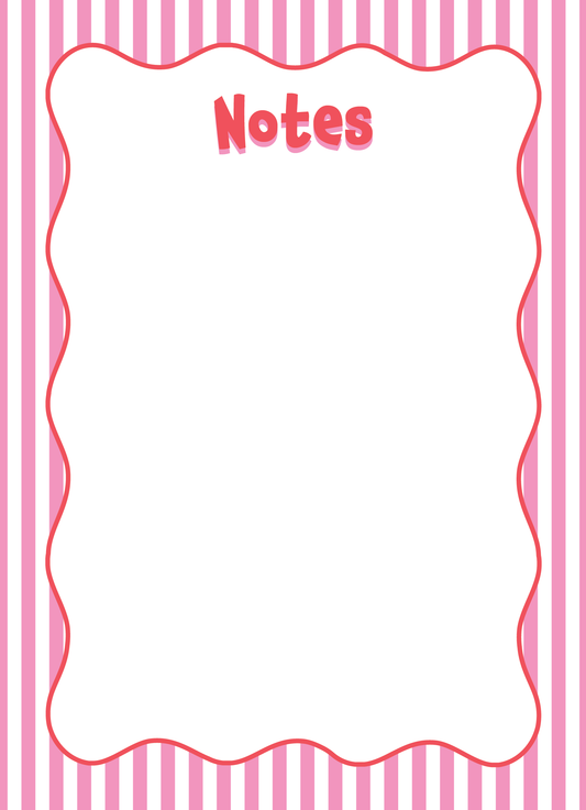 Vertical notepad with a pink and white stripe background, red scallop border, and "Notes" printed in red at the top center.