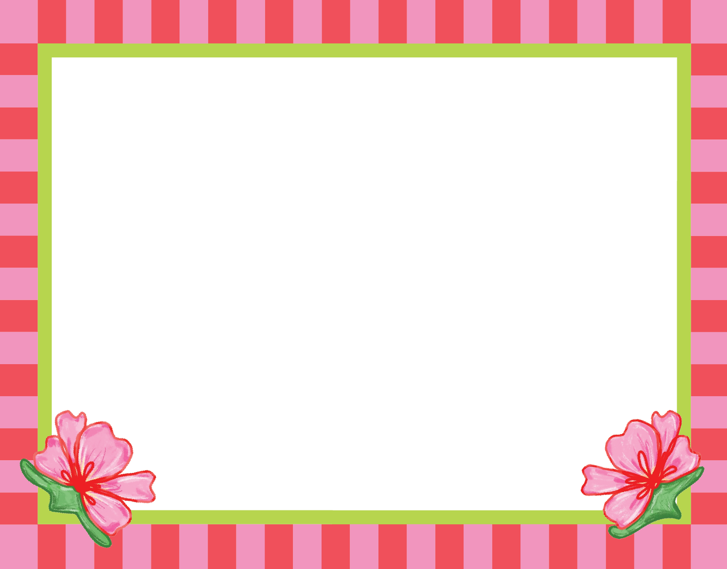 Horizontal flat notecard with a pink and red stripe background, lime green inner border, and hand-drawn watermelon flower illustrations in the bottom left and right corners.