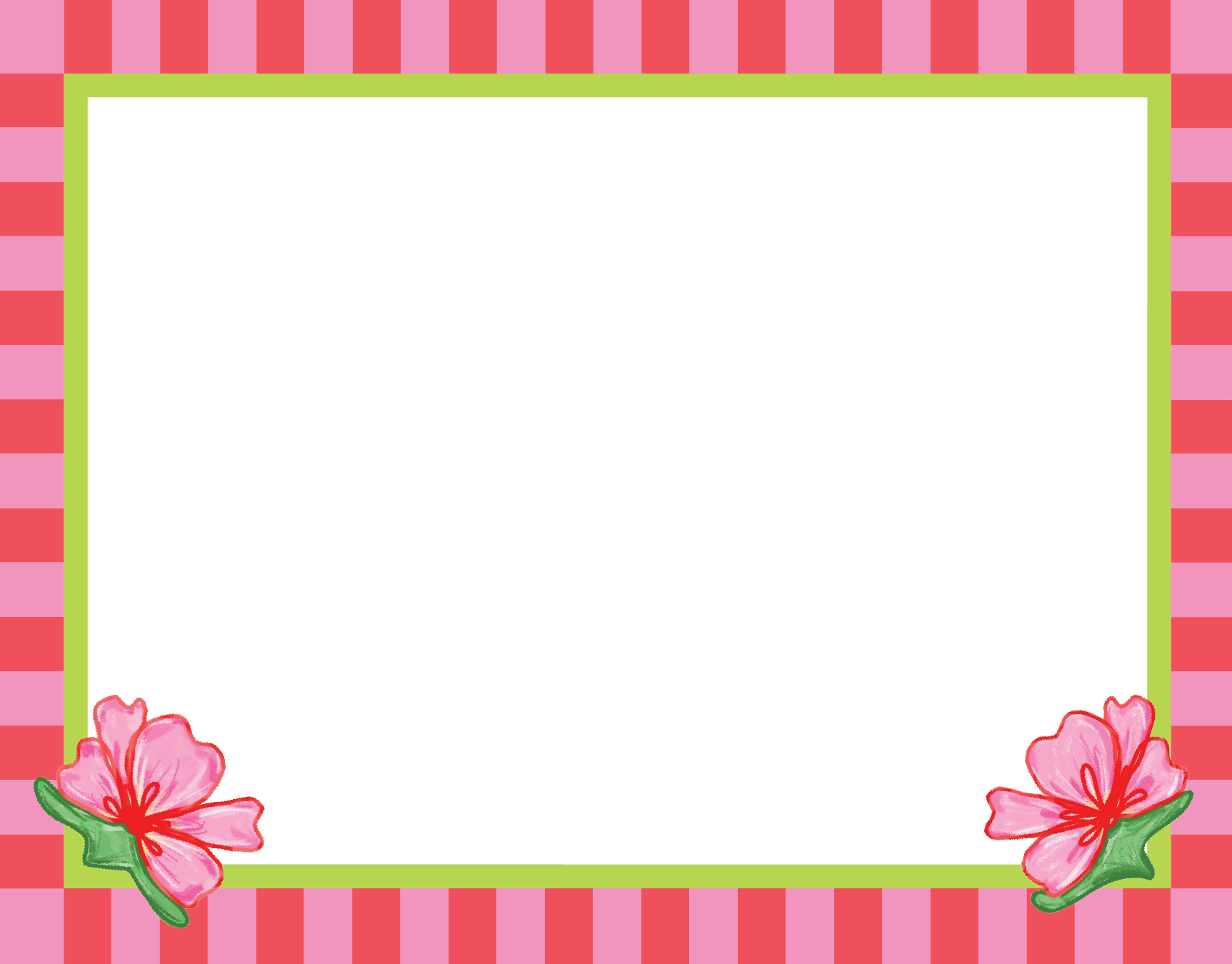 Horizontal flat notecard with a pink and red stripe background, lime green inner border, and hand-drawn watermelon flower illustrations in the bottom left and right corners.
